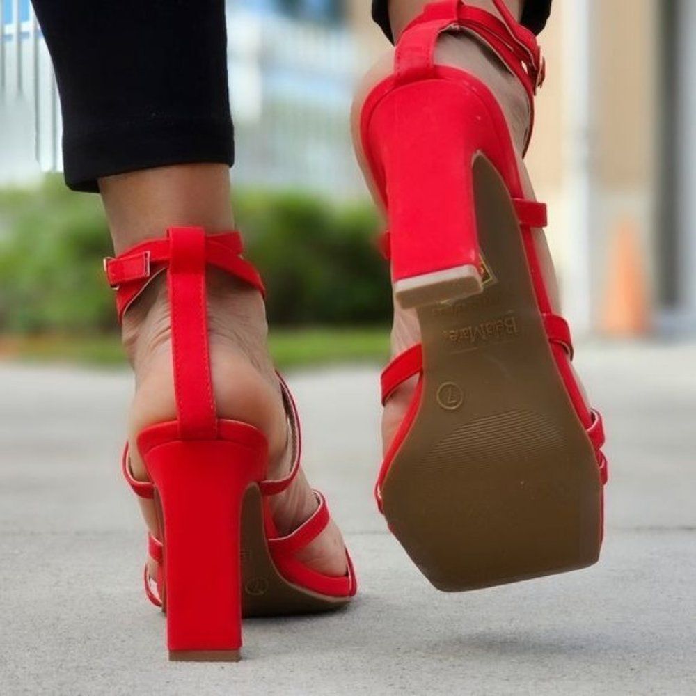 Womens Triple Straps Chunky Heels Sandals Red Color - Picture 5 of 5